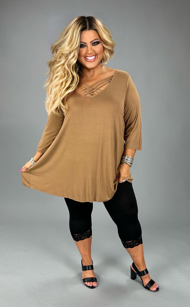 28 OR 37 SQ-M {Caged In Beauty} Mocha Tunic W/Cage Neck  Detail   CURVY BRAND!! EXTENDED PLUS SIZE 3X 4X 5X 6X