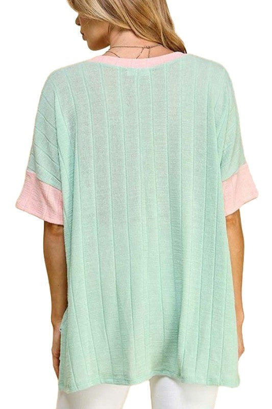 74 CP {Let's Get Honest} Mint/Peach Ribbed V-Neck Top PLUS SIZE 1X 2X 3X