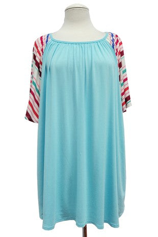 23 CP {Single And Sweet} Sky Blue Top w/ Stripe Print Sleeve EXTENDED PLUS SIZE 4X 5X 6X
