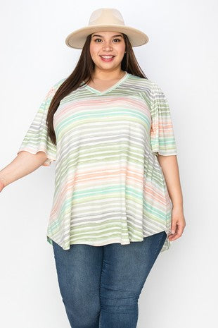 52 PSS {Rays Of Hope} Peach/Green Stripe Print V-Neck Tunic EXTENDED PLUS SIZE 3X 4X 5X (True To Size)