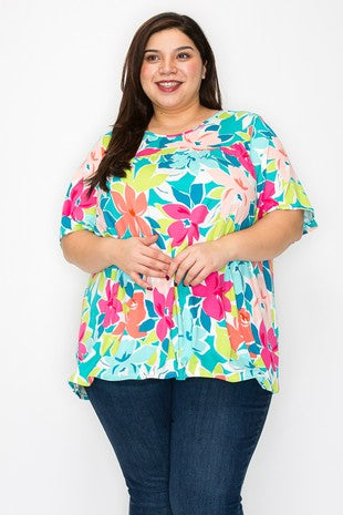 84 PSS {Moment To Cherish} Teal Floral Print Top EXTENDED PLUS SIZE 4X 5X 6X