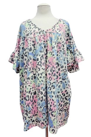 100 PSS {Leopard Debate} Blue/Pink Leopard Print Top EXTENDED PLUS SIZE 2X 3X 4X  TRUE TO SIZE!!