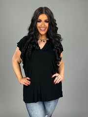 17 SSS-A {Special Treat} Black V-Neck Ruffle Sleeve Top PLUS SIZE XL 2X 3X