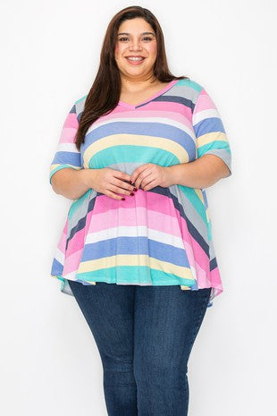 41 PSS {Rainbow Hues} Blue/Multi-Color Striped Top EXTENDED PLUS SIZE 3X 4X 5X