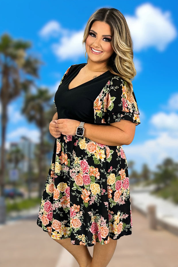 67 CP-D {Weekend Goals} Black Floral V-Neck Dress PLUS SIZE 1X 2X 3X