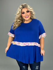 58 PSS-D {Appreciate You} Royal Blue Tunic w/Floral Contrast CURVY BRAND!! EXTENDED PLUS SIZE 1X 2X 3X 4X 5X 6X  (May Size Down 1 Size)