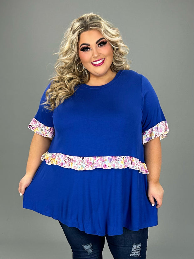58 PSS-D  {Appreciate You} Royal Blue Tunic w/Floral Contrast PLUS SIZE 1X 2X   (May Size Down 1 Size)