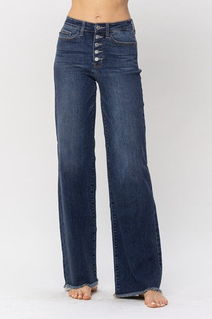 BT-S {Judy Blue} Med Blue High Waist Wide Leg Button Up Jeans PLUS SIZE 18 20 22