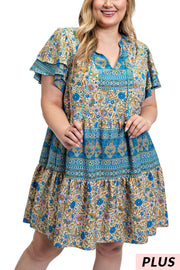 26 PSS {Sweet Reveal} GiGiO Blue Floral Tiered Dress PLUS SIZE XL 1X 2X