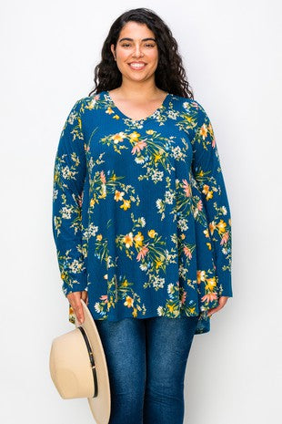 24 PLS {Forward Thinker} Navy Ribbed Floral Top EXTENDED PLUS SIZE 3X 4X 5X