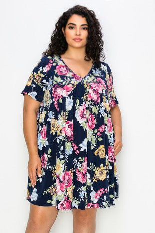 53 PSS-B {Confidently Curvy} Navy Floral V Neck Dress CURVY BRAND!! EXTENDED PLUS SIZE 4X 5X 6X