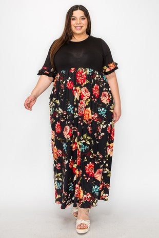 LD-O {Cute By Nature}  Black/Red Floral Ruffle Sleeve Maxi Dress EXTENDED PLUS SIZE 3X 4X 5X