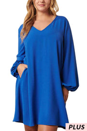 47 SQ {Taking Charge} Royal Blue V-Neck Bubble Sleeve Dress PLUS SIZE XL 1X 2X