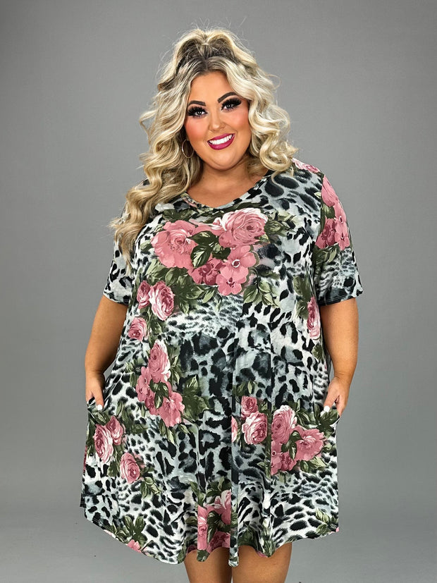 16 PSS-C {Fashion And Fun} Grey Leopard Floral Print Dress EXTENDED PLUS SIZE 3X 4X 5X