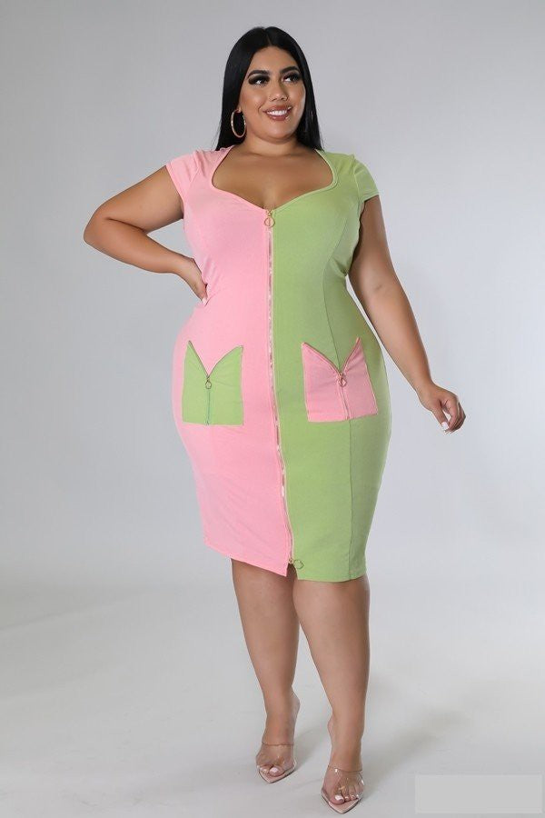 11 CP {Holding Hands} Pink/Sage Contrast Zippered MIdi Dress PLUS SIZE 1X 2X 3X 1X 11 CP {Holding Hands} Pink/Sage Contrast Zippered MIdi Dress PLUS SIZE 1X 2X 3X 1X