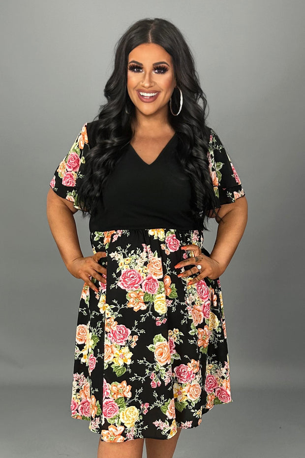 67 CP-D {Weekend Goals} Black Floral V-Neck Dress PLUS SIZE 1X 2X 3X