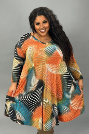 82 PQ-B {Fine By Me} Orange Print V-Neck Dress EXTENDED PLUS SIZE 3X 4X 5X