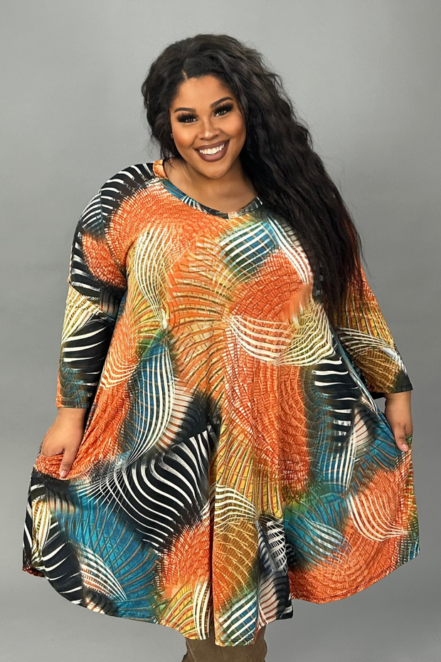 82 PQ-B {Fine By Me} Orange Print V-Neck Dress EXTENDED PLUS SIZE 3X 4X 5X