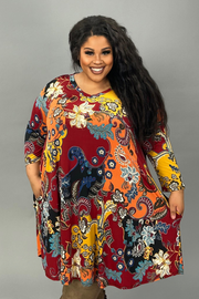 53 PQ-A {Smitten By You} Wine Print V-Neck Dress SALE!!!!  EXTENDED PLUS SIZE 3X 4X 5X