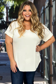 58  SSS-A {Hint of Ivory} Ivory V-Neck Top Short Cuffed Sleeve Top PLUS SIZE 1X 2X 3X