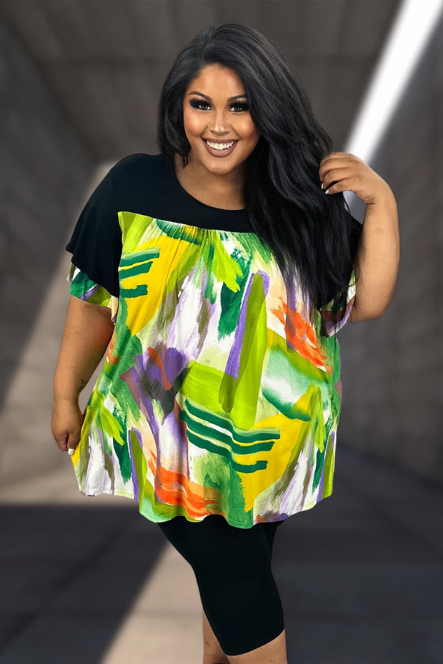14 CP {Cheerful Heart} Black/Lime Brush Stroke Print Top EXTENDED PLUS SIZE 3X 4X 5X
