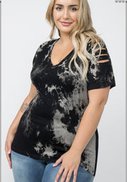 22 OS {Good Day} VOCAL Black Tie Dye Ladder Sleeve Top PLUS SIZE XL 2X 3X