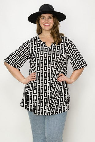 55 PSS {Trust In Curvy} Ivory/Black Rectangle Print Ribbed Tunic CURVY BRAND!!!  EXTENDED PLUS SIZE 4X 5X 6X