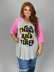 45 GT {Thick and Tired} Grey/Pink Graphic Tee Curvy Brand XL 2X 3X 4X 5X 6X (May Size Down 1 Size)