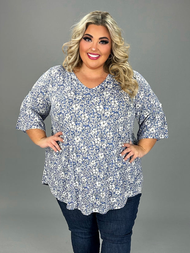 32 PSS {Always Ready} Blue/Ivory Floral V-Neck Top CURVY BRAND!!!  EXTENDED PLUS SIZE 4X 5X 6X