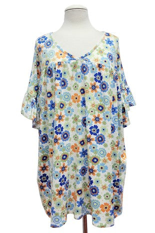 23 PSS {Elegance In Bloom} Ivory/Blue Floral V-Neck Tunic EXTENDED PLUS SIZE 4X 5X 6X
