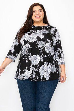 26 PQ {Up The Ante} Black Floral Rounded Hem Top EXTENDED PLUS SIZE 3X 4X 5X