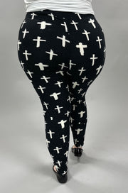 LEG-49 {Still Standing Strong} Cross Printed Black Leggings EXTENDED PLUS SIZE 3X/5X