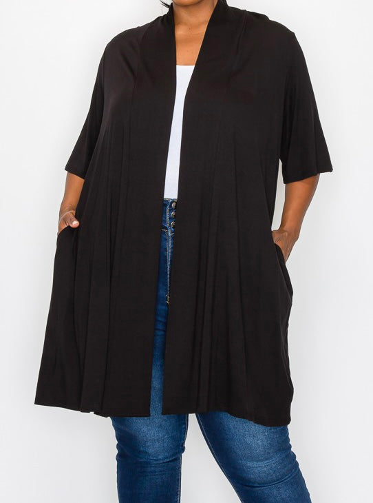 40 OT {Living In Style} Black Short Sleeve Duster w/Pockets CURVY BRAND!!!  EXTENDED PLUS SIZE 4X 5X 6X