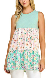 27 SV {Sweet To The Core} Mint Floral Tiered Sleeveless Top PLUS SIZE 1X 2X 3X
