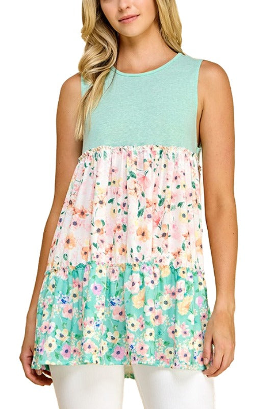 27 SV {Sweet To The Core} Mint Floral Tiered Sleeveless Top PLUS SIZE 1X 2X 3X