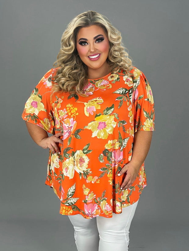 27 PSS-F {Ideally Yours} Orange Floral Top EXTENDED PLUS SIZE 3X 4X 5X