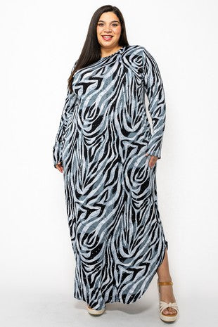 LD-N {Hello Darling} Grey Metallic Zebra Print Maxi Dress EXTENDED PLUS SIZE 3X 4X 5X
