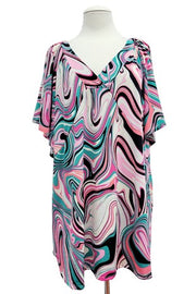 100 PSS {Groovy Mindset} Teal/Pink Swirl Print V-Neck Top EXTENDED PLUS SIZE 2X 3X 4X  TRUE TO SIZE!!