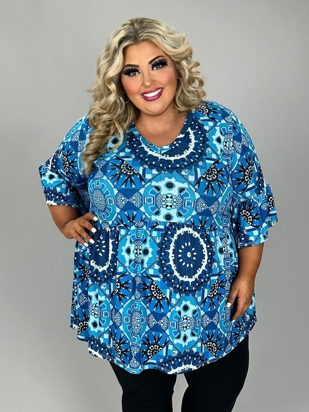 93 PSS {Soaking In The Joy} Blue Print Babydoll V-Neck Top EXTENDED PLUS SIZE 3X 4X 5X