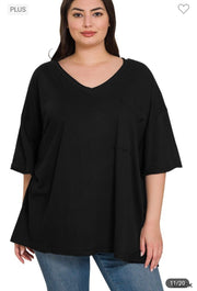 27 SSS {Happy As Can Be} Black V-Neck Top w/Pocket PLUS SIZE 1X 2X 3X