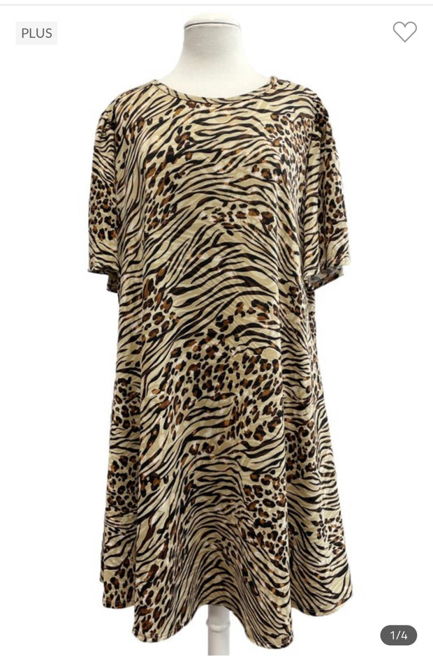 55 PSS {Animals Converge} Taupe Animal Print Dress EXTENDED PLUS SIZE 3X 4X 5X