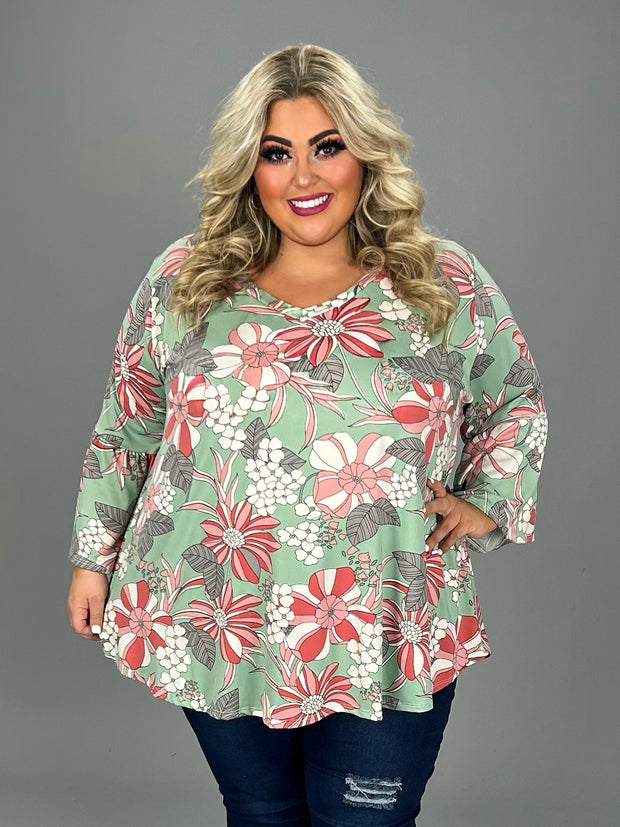 27 PQ {Dedicated To You} Sage Floral V-Neck Top EXTENDED PLUS SIZE 3X 4X 5X