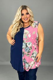 76 SV-I {Touch of Floral} Navy Pink Floral Contrast Top EXTENDED PLUS SIZE 3X 4X 5X