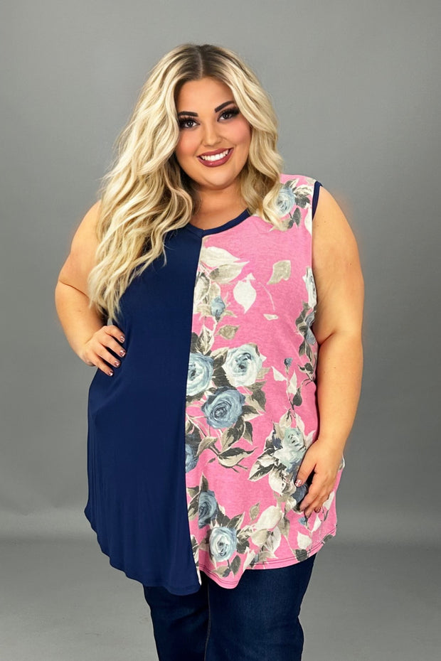 76 SV-I {Touch of Floral} Navy Pink Floral Contrast Top EXTENDED PLUS SIZE 3X 4X 5X