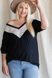 100 CP {Just For Tonight} Black Top w/Lace Contrast PLUS SIZE XL 2X 3X