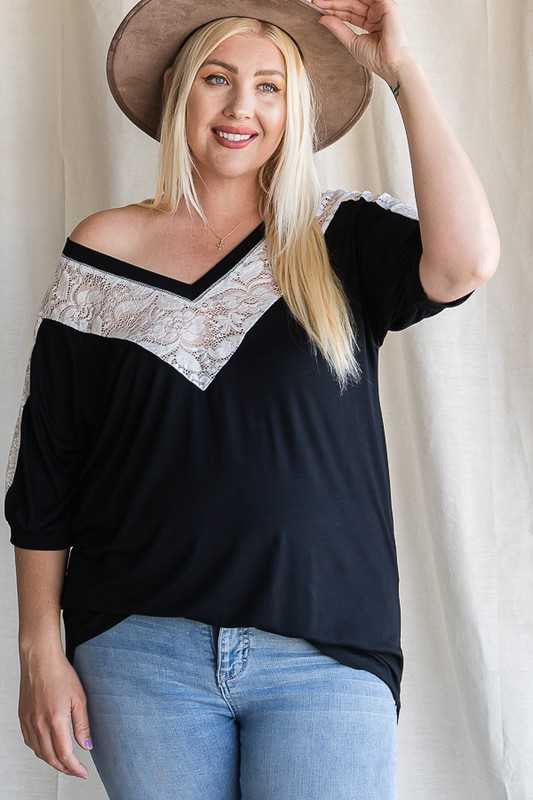 100 CP {Just For Tonight} Black Top w/Lace Contrast PLUS SIZE XL 2X 3X