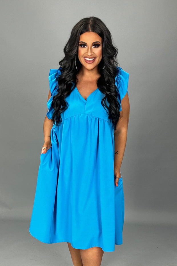 38 SSS-L {Long Lost Love}  Blue V-Neck Babydoll Dress PLUS SIZE XL 2X 3X