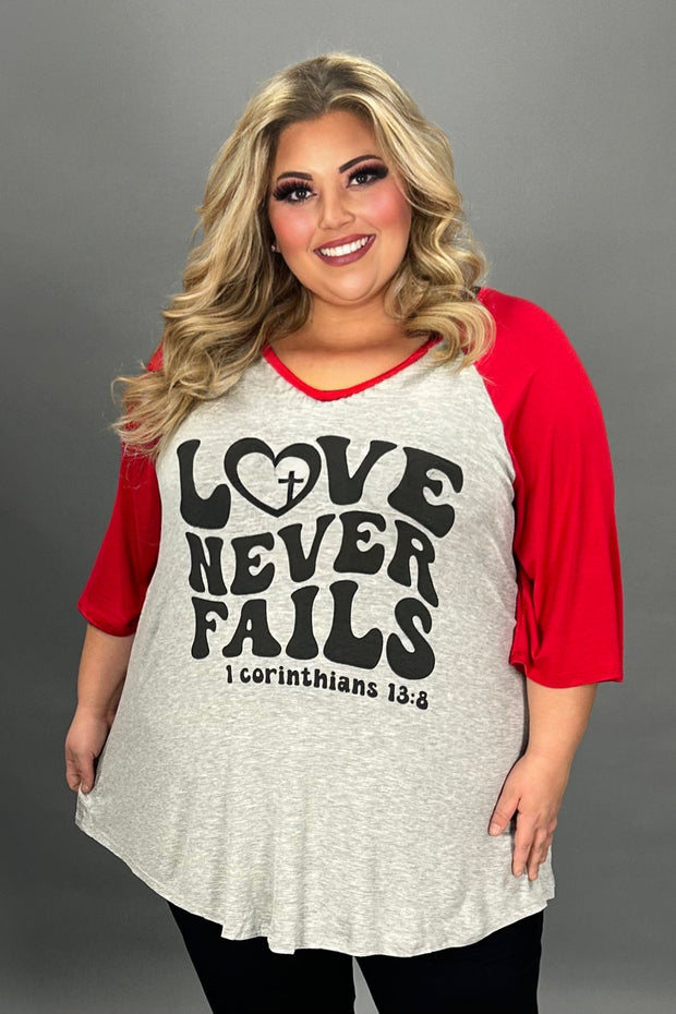 27 GT {Love Never Fails} Grey/Red Graphic TeeCURVY BRAND!!! EXTENDED PLUS SIZE XL 2X 3X 4X 5X 6X