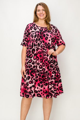 60 PSS {Wild Feeling} Fuchsia Leopard Tiered Dress EXTENDED PLUS SIZE 3X 4X 5X