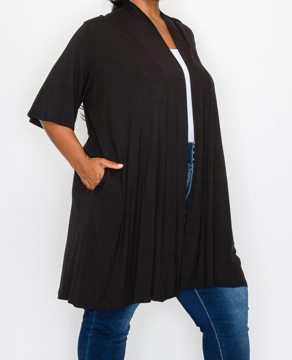 40 OT {Living In Style} Black Short Sleeve Duster w/Pockets CURVY BRAND!!!  EXTENDED PLUS SIZE 4X 5X 6X